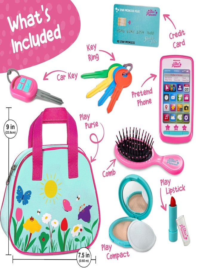 Star Princess Play Purse for Toddlers with Accessories, Toddler Girl Toys 1 2 3 Years Old with Pretend Makeup, Keys, Smartphone, Toddler Toy Purse for Little Girls - Birthday Gift for Toddlers Girls Ages 2-3 - Blue - Image 3